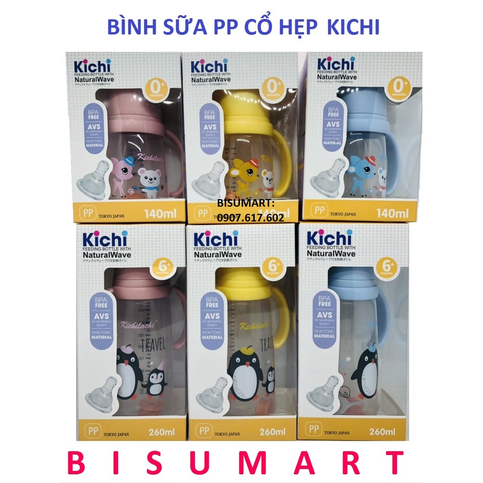 Bình Sữa cổ hẹp KICHI có quai cầm nhựa PP không BPA 140ml / 200ml / 260ml