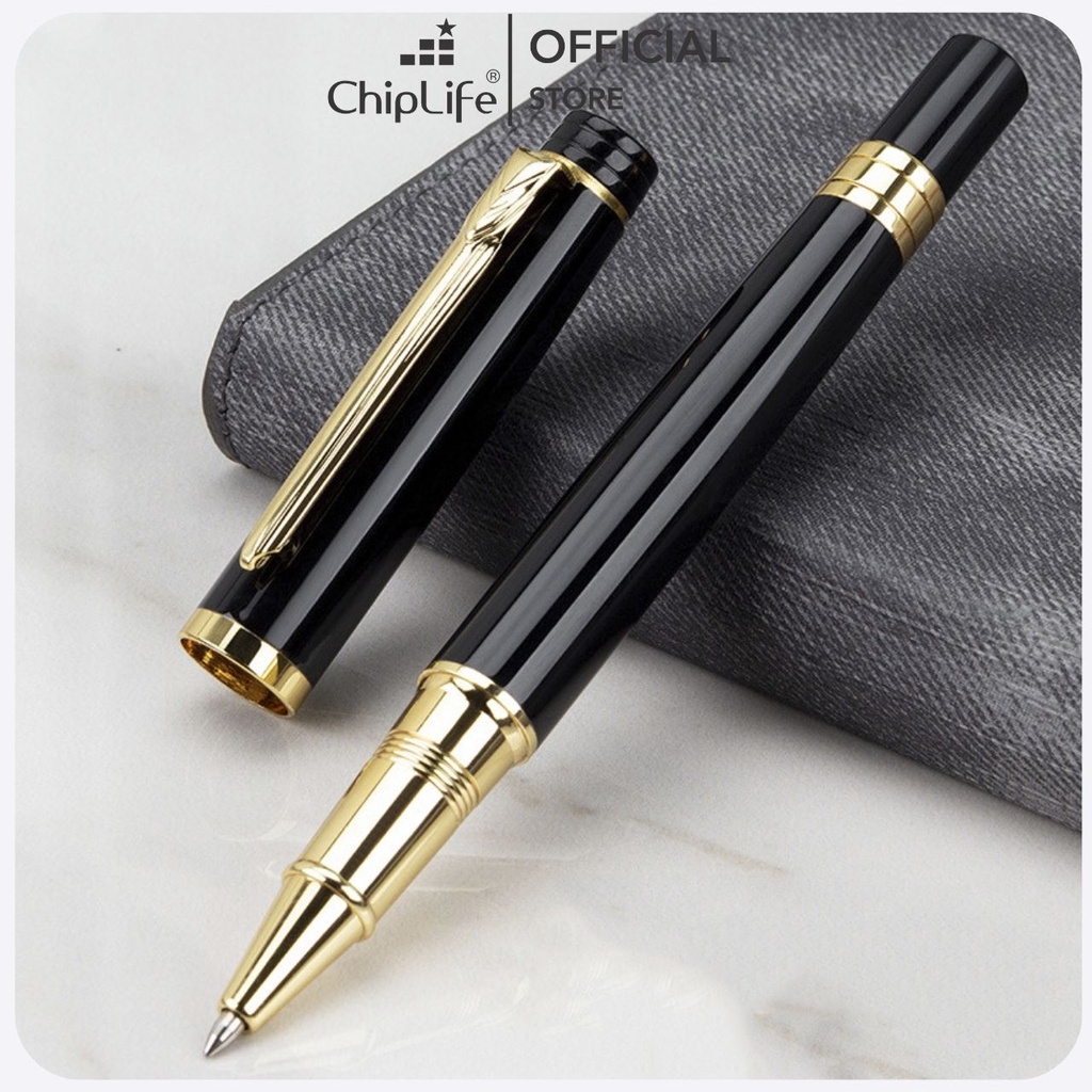 Bút kim loại khắc tên PICA CHIPLIFE P028 - Đen viền vàng ngòi 0.5mm mực xanh