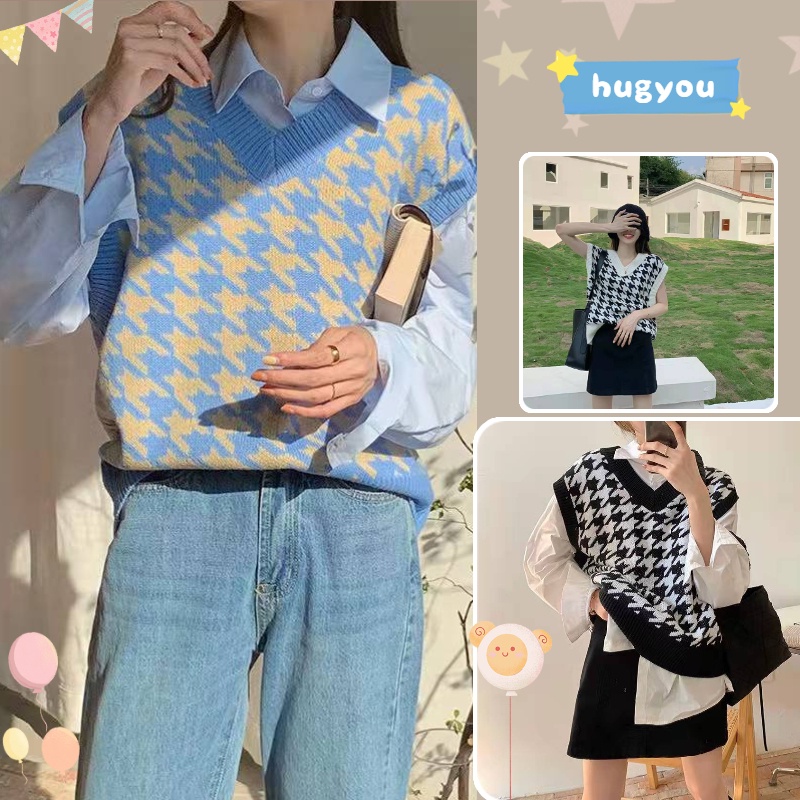 Áo Khoác Len Không Tay Dáng Rộng Màu Tương Phản Phong Cách Retro Cho Nữ