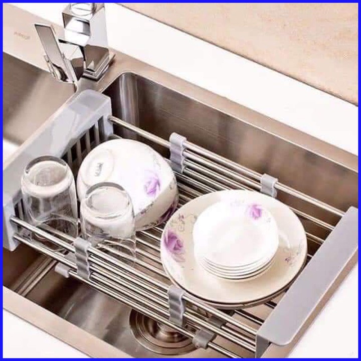 Rổ co giãn inox đặt ngang bồn rửa bát