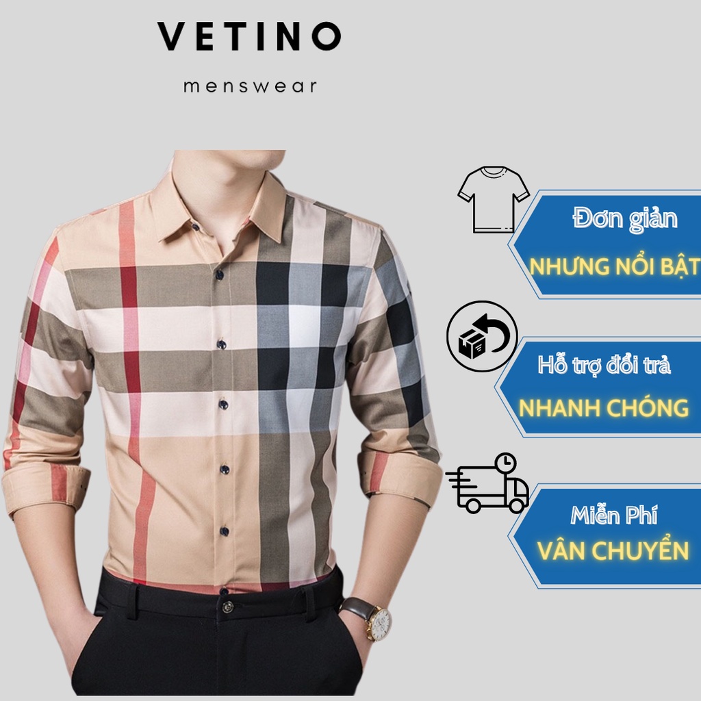 Áo sơ mi kẻ sọc nam dài tay VETINO vải lụa cao cấp thái chống nhăn cao cấp, dáng ôm body, trẻ trung cá tính