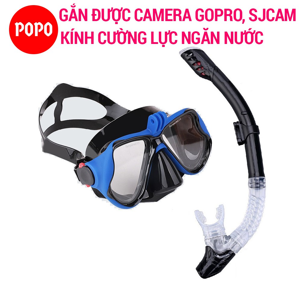 Bộ kính lặn biển gắn được GOPRO kèm ống thở chính hãng POPO mặt nạ lặn biển mắt kính cường lực gắn được Camera