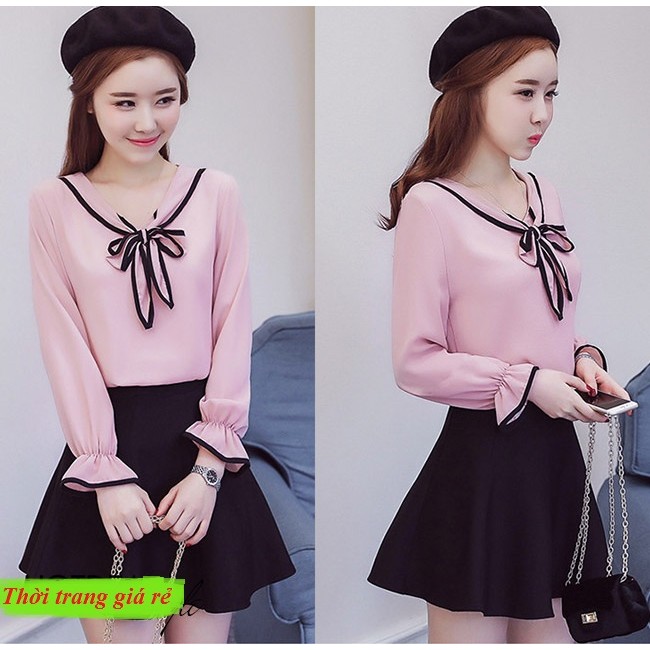 Áo Kiểu Nơ Tay Loe Phối Viền Daisy