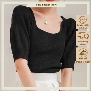 Áo dệt kim nữ cổ vuông tay ngắn sang chảnh phong cách Hàn Quốc