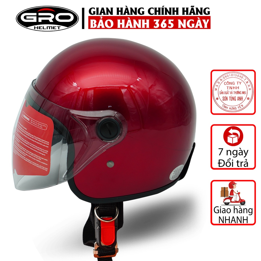 Mũ Bảo Hiểm Gro 3/4 đầu T818 có kính dài che cả mặt, kiểu dáng thời trang cho nữ, khóa kim loại chắc chắn - Đỏ Đô Bóng