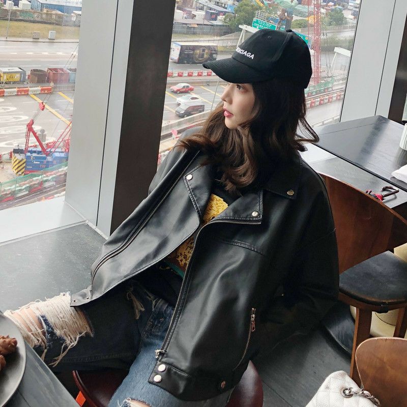 Áo da bomber unisex cổ vest cúc bấm tay