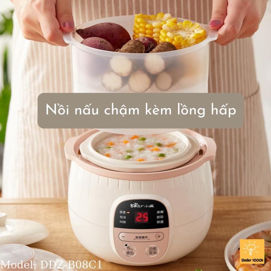Nồi nấu cháo cho bé, nồi ninh hầm đa năng cho bé BEAR B08C1 Dung Tích 0,8L Kèm Lồng hấp - CÓ HDSD TIẾNG VIỆT