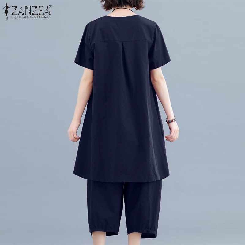 Set đồ 2 món Zanzea gồm áo thun tay ngắn cổ tròn màu trơn lệch tà và quần dài thời trang cho nữ