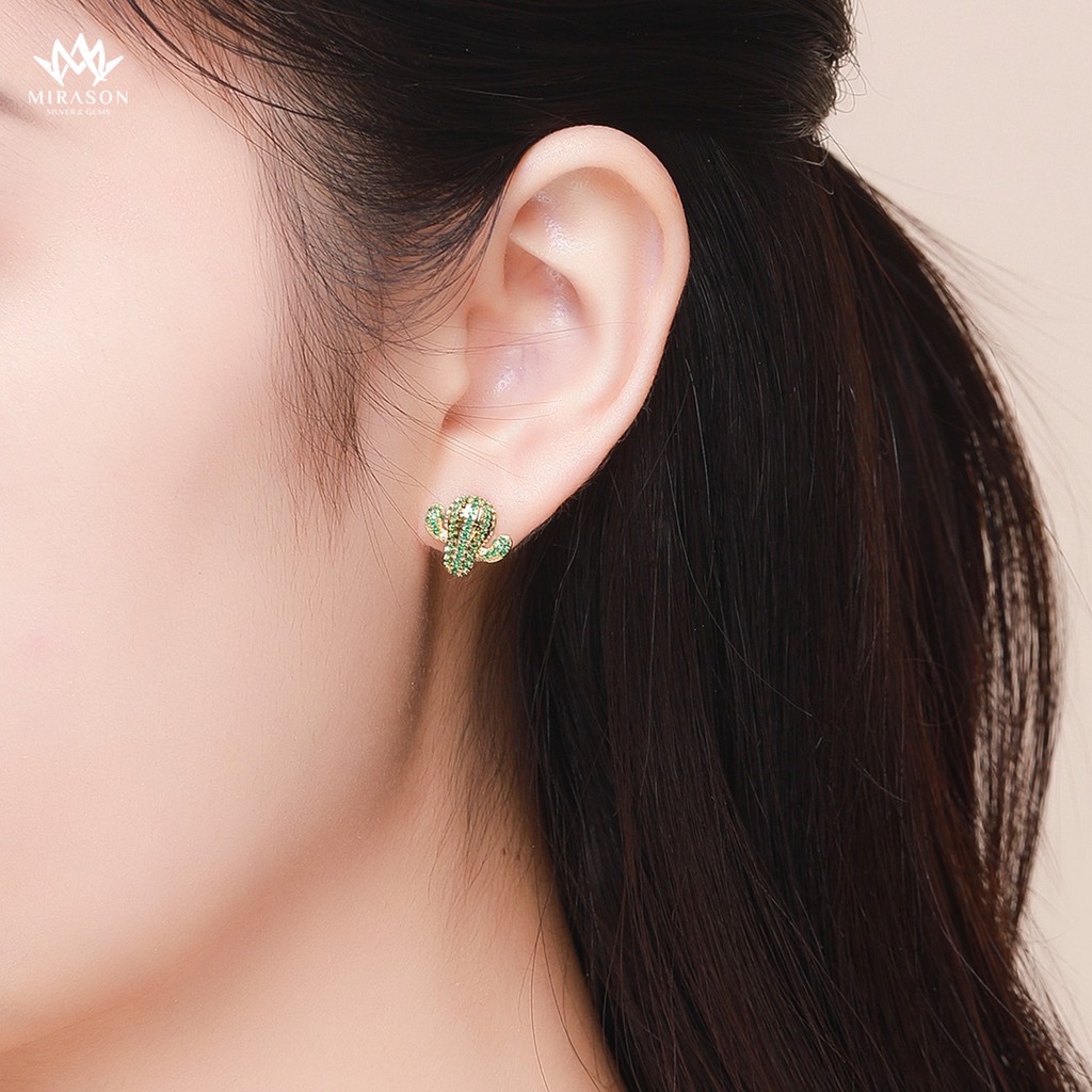Khuyên Tai Bạc Nữ MIRASON Xương Rồng Nạm Đá Xanh MBT133 - BST Lắc Tay, Hoa Tai Nữ Xương Rồng Sang Trọng