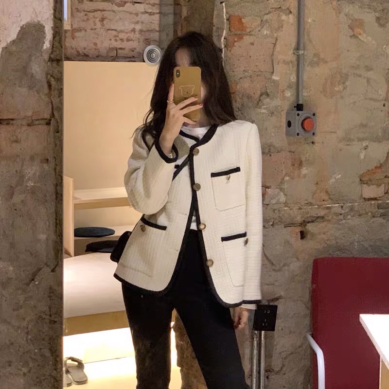 Áo khoác dạ Tweed trắng viền đen cúc mạ vàng Ulzzang Hàn Quốc sang chảnh siêu xinh ❤️