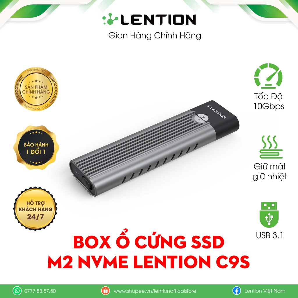 Box Ổ Cứng SSD M.2 NVMe USB Type-C Lention C9s Tốc độ 10 Gbps Hộp Đựng Ổ Cứng Kim Loại,Bao Gồm Cáp USB-C và USB 3.0