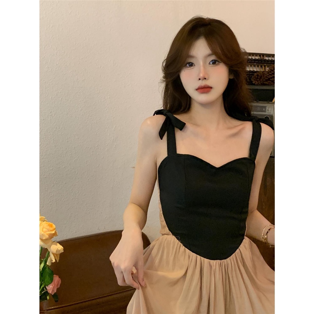 Đầm Hai Dây Dáng Dài Qua Gối Phong Cách retro Pháp Thời Trang Xuân Hè Mới