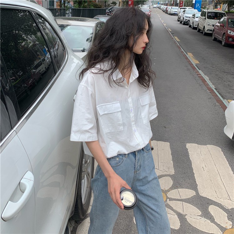Áo sơ mi tay ngắn 2 túi màu trơn phong cách retro Hàn Quốc 3 màu 1hit_Unisex