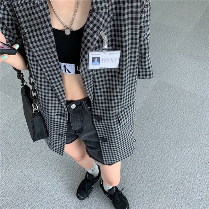 Áo khoác blazer ngắn tay ulzzang kẻ sọc caro fashion 2021 Áo khoác vest ulzzang ngắn tay