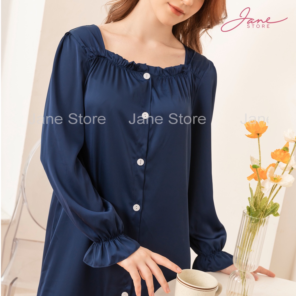 Váy lụa dài tay tiểu thư- Đầm ngủ lụa cổ vuông tay bèo trơn màu đơn giản và sang trọng JANE mã V80.