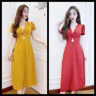 Đầm suông xoắn ngực tay phồng siêu xinh + Ảnh thật