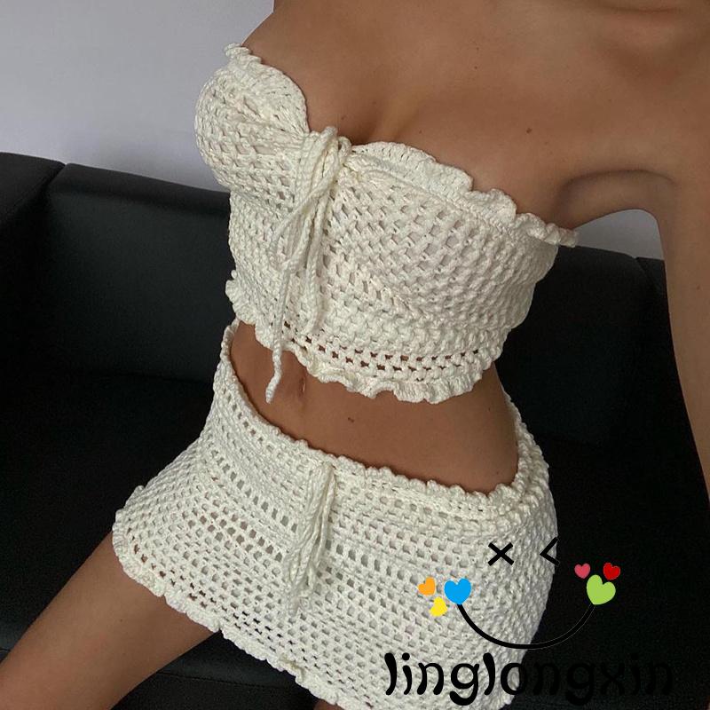 ✰DJ✲2 Piece Clothing Set Y2K Ruffles Knitted Hollow Out Strapless Tube Crop Top and Mini Skirt Chic Women Summer