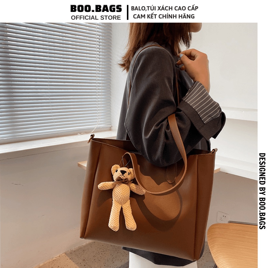 Túi Xách Công Sở Nữ Đi Học, Túi Tote Da PU Chống Nước Size Lớn Cho Laptop 14IN Tặng Kèm Gấu Boobags