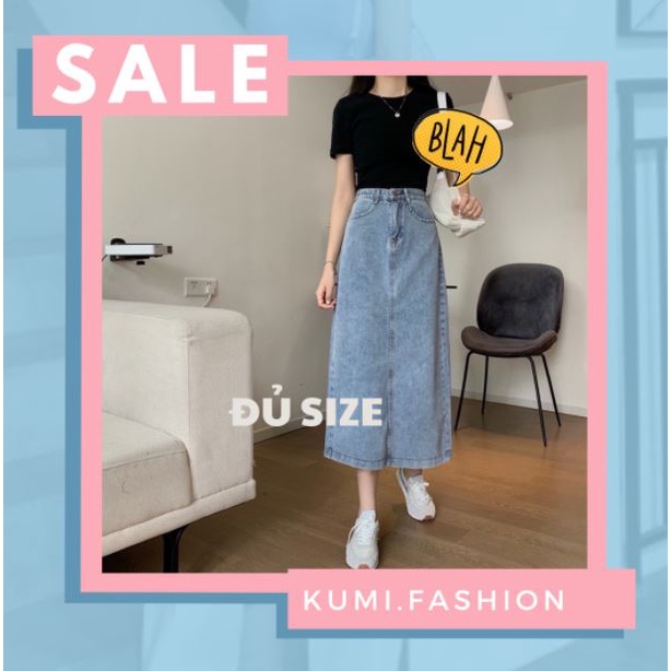 Kumi.vn chân váy dài denim bò cạp cao xẻ sau có cúc chỉnh eo màu xanh nhạt ulzzang Hàn Quốc | BigBuy360 - bigbuy360.vn