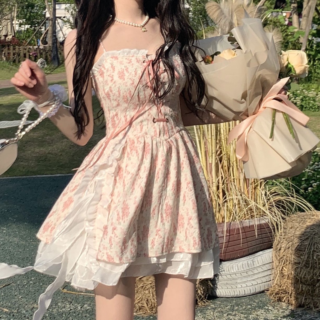 2022 Phong Cách Mới Mùa Hè✨✨ Đầm Hai Dây Họa Tiết Hoa Ngọt Ngào Dễ Thương Cho Nữ✨✨ Váy Ngắn