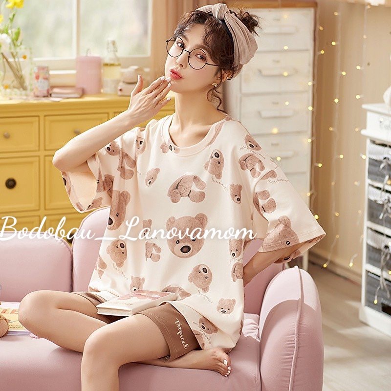 ĐỒ BỘ BẦU CỘC họa tiết gấu xinh hottrend_chất thun cotton siêu mềm mát (quần có chun chỉnh) BĐC835