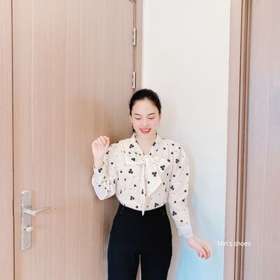 Min's Shoes - Áo Sơ Mi Nữ Hàng Thiết Kế Nơ Cổ Chấm Bi Hoa 3D Vân Nổi Áo 427