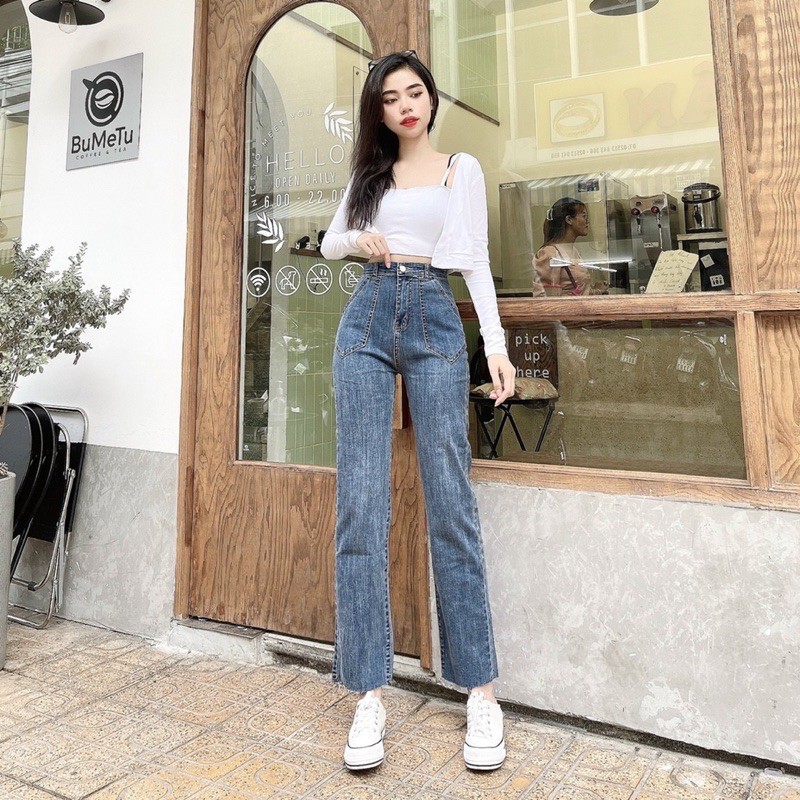 quần jeans ống đứng style ulzzang lưng ( cạp ) siêu cao, co giãn tốt