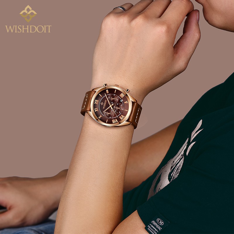 Đồng hồ WISHDOIT máy thạch anh với ba mặt kim đa năng dây bằng da chống nước khi bơi và giải trí cho học sinh