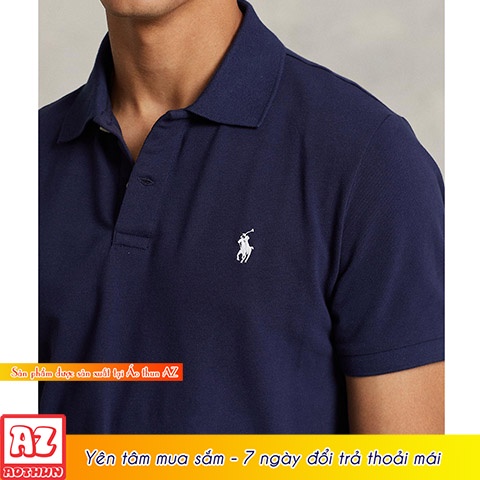 Áo thun polo nam cổ trụ màu xanh đen navy thêu logo đơn giản AT19
