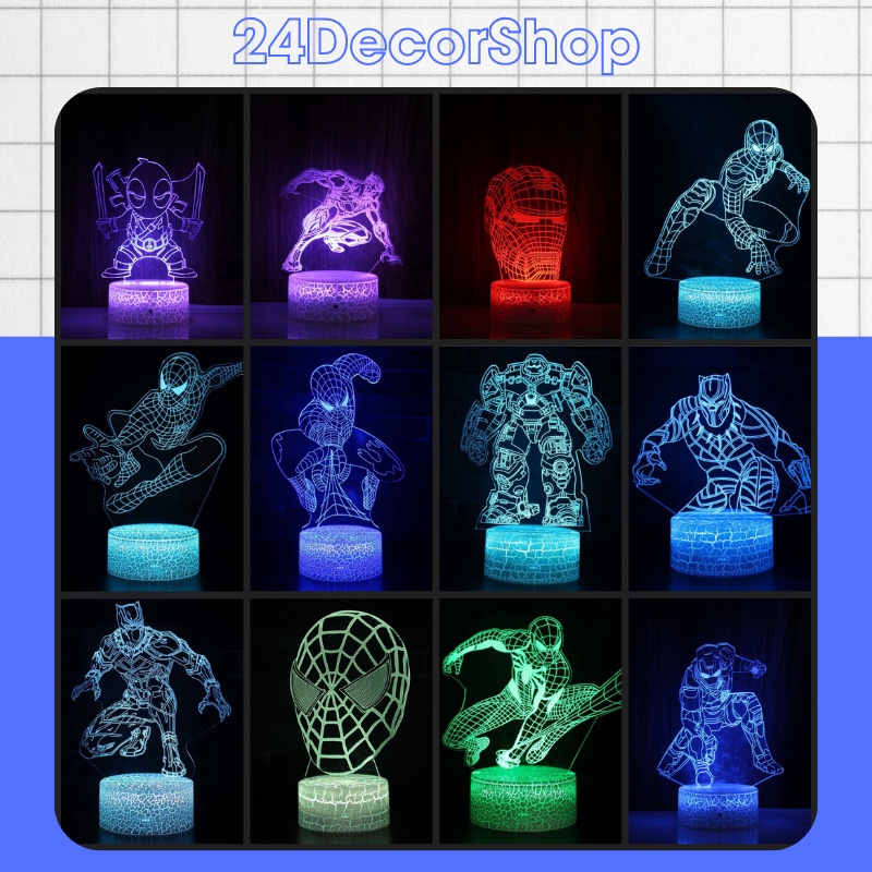 Đèn led trang trí decor phòng ngủ 16 màu hình siêu anh hùng Ironman, spiderman, black panther