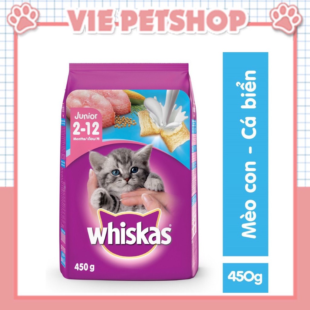 Thức Ăn cho Mèo Con WHISKAS KITTEN JUNIOR vị Cá Biển và Sữa gói 450Gr | Vie PETSHOP