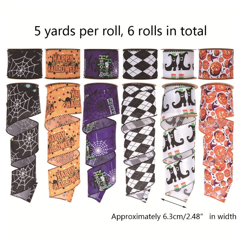 Set 6 Cuộn Ruy Băng Polyester In Họa Tiết Halloween Dùng Gói Quà Trang Trí
