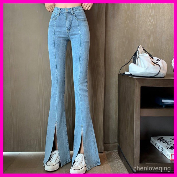 Quần Jeans ống loe lưng cao co giãn xẻ tà phía trước thời trang cho nữ