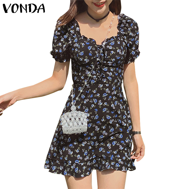 Đầm Mini VONDA In Hoa Phối Bèo Cổ Vuông Ngắn Tay Phong Cách Hàn Quốc Thời Trang Mùa Hè Cho Nữ