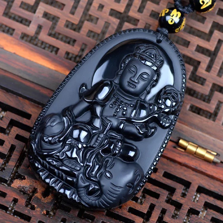 [TO] Mặt dây chuyền Phật Bản Mệnh Phổ Hiền Bồ Tát Obsidian size 3.5cm x 2.2cm tuổi Thìn, Tị tặng dây đeo free