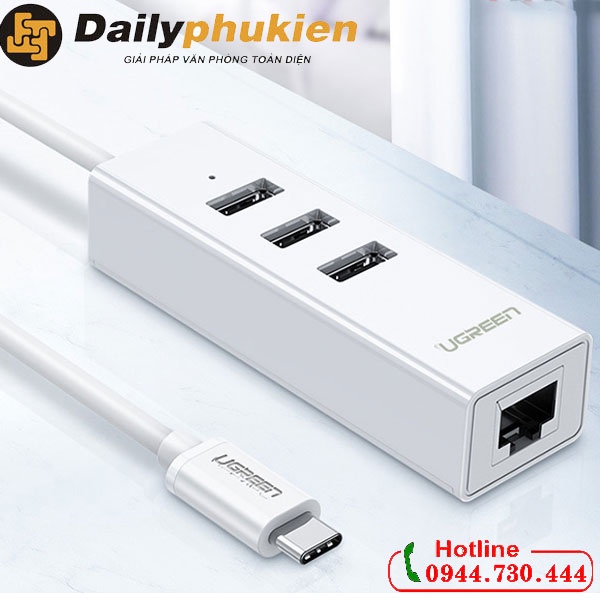 Cáp chuyển đổi USB type C sang Ethernet RJ45 + Hub 3 cổng USB 2.0 dài 30cm UGREEN 20792 dailyphukien