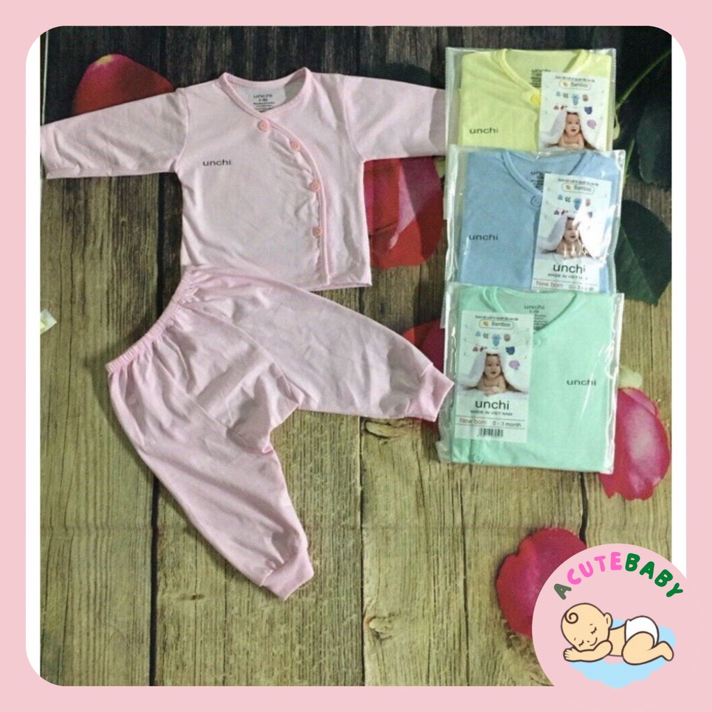Bộ quần áo sơ sinh cotton Unchi  Leekkis dài tay vạt chéo cho bé trai bé gái