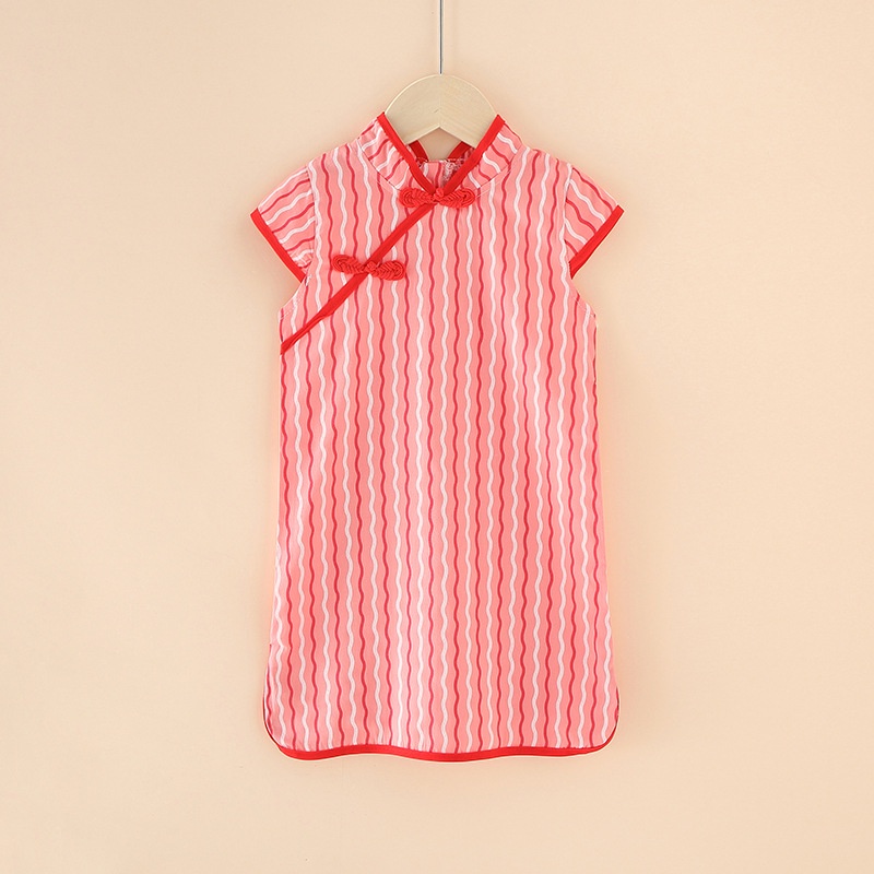 Áo dài váy liền sườn xám trung hoa cách tân bé gái vải gấm trắng phối họa tiết cho trẻ em