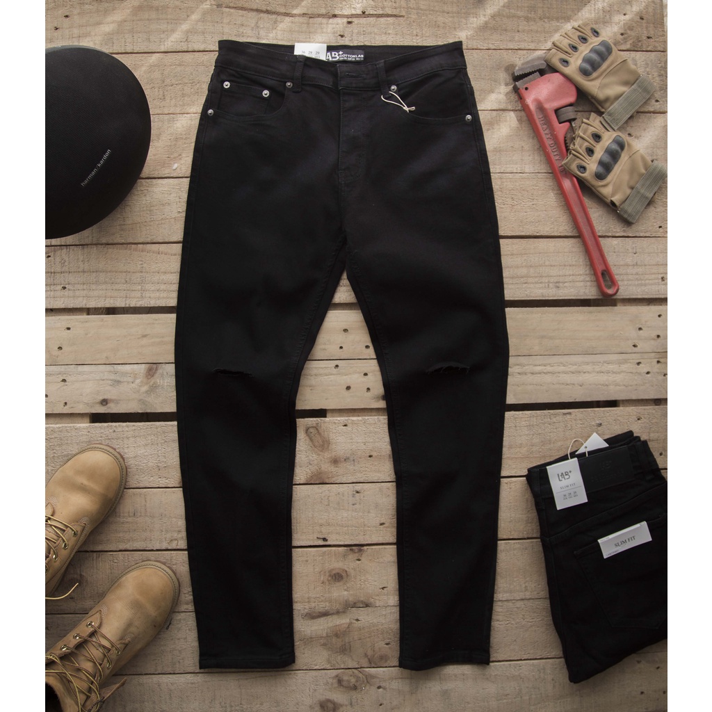 Quần jean nam đen trơn, đen rách gối cao cấp chất co giãn không phai màu from slimfit
