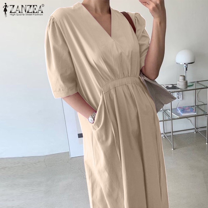 Đầm nữ Zanzea tay ngắn cổ chữ v thời trang phong cách Hàn Quốc