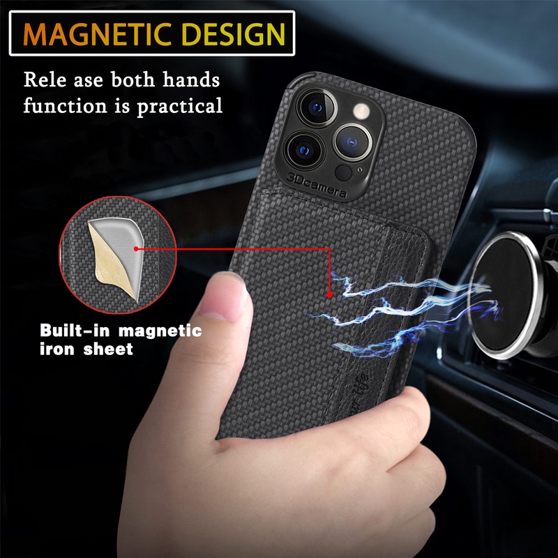 Ốp Điện Thoại Kèm Ngăn Đựng Thẻ Bằng Sợi Carbon Cho iPhone 13 12 Mini Pro Max