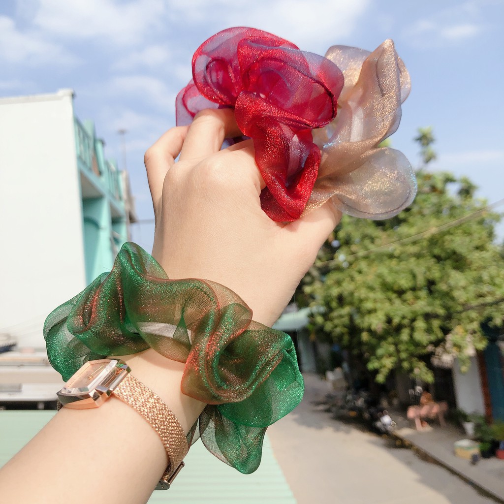 Đồ Cột Tóc Scrunchies Vải Von Ánh Kim Lấp Lánh Hai Ánh Mỏng Bồng Bềnh