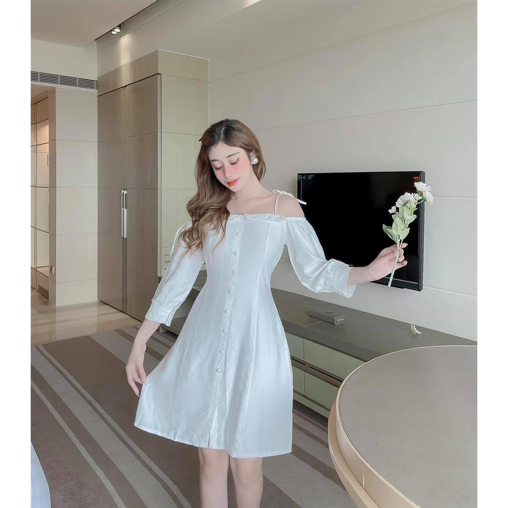 Đầm xòe trễ vai tay lở đính nút Blan 37901