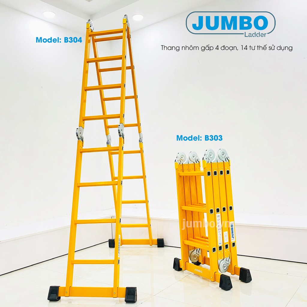 Thang nhôm gấp 4 đoạn JUMBO B303, B304 - Mẫu 2020 cao cấp, tải trọng 300kg, chiều cao từ 1.7m đến 4.7m