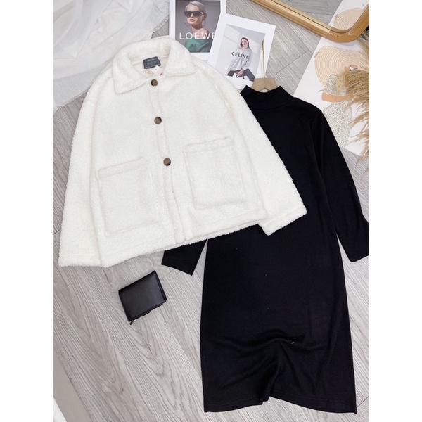 set váy body đen cổ 3p mix áo lông trắng thụng