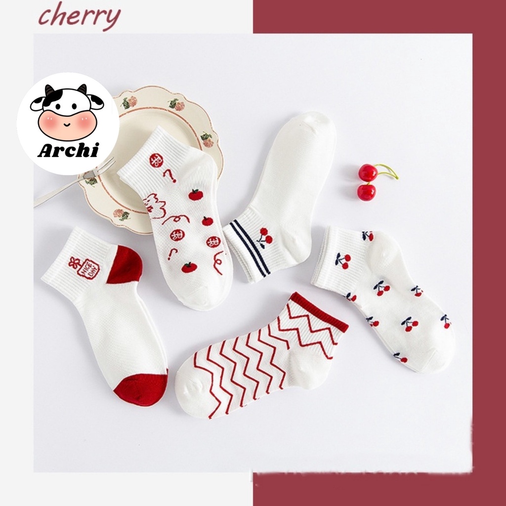Tất nữ ngắn cổ mùa đông thêu hình quả cherry