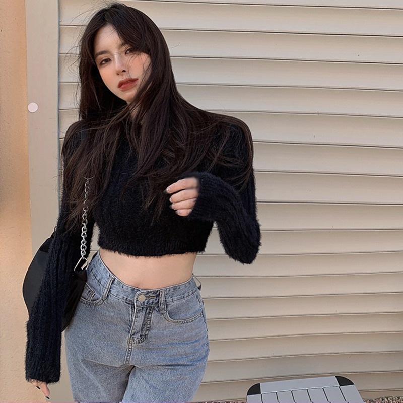 Áo Croptop Vải Lông Dệt Kim Mềm Mại Tay Dài Cổ Tròn Thời Trang Mùa Thu Cho Nữ