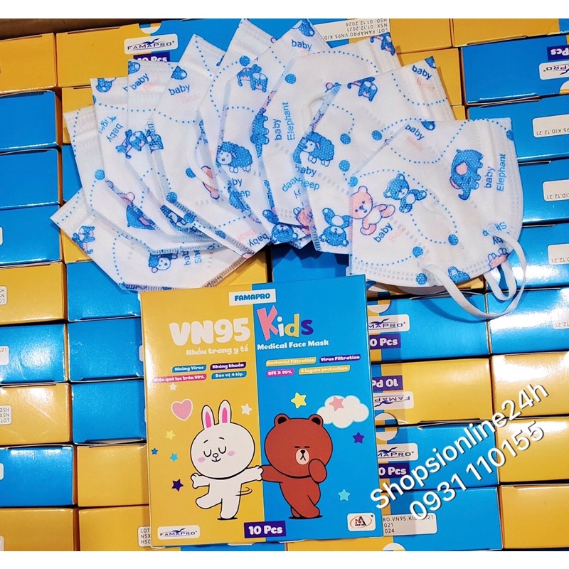 ✅ Hộp 10 cái khẩu trang cho trẻ em N95 , VN95 Famapro Nam Anh Hoạ tiết Gấu Xanh | BigBuy360 - bigbuy360.vn