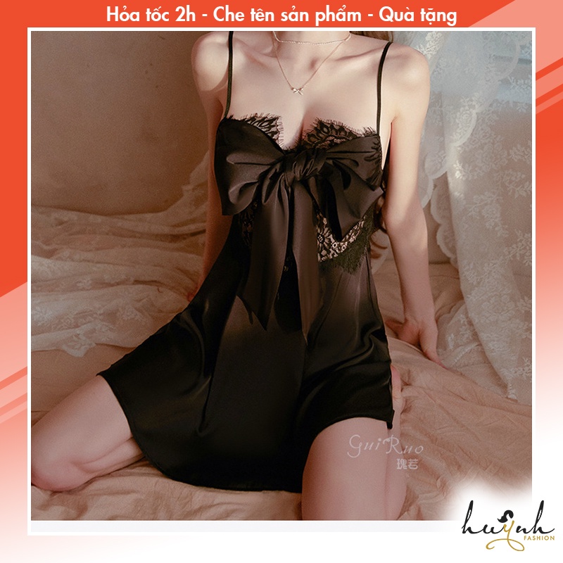 Đầm Ngủ Hai Dây Lụa Phối Ren và Nơ, Váy Ngủ Hở Lưng Cao Cấp GUIRUO (tặng kèm quần chip) - N66