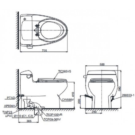 Bồn Cầu TOTO MS688T8 Một Khối Nắp TC600VS